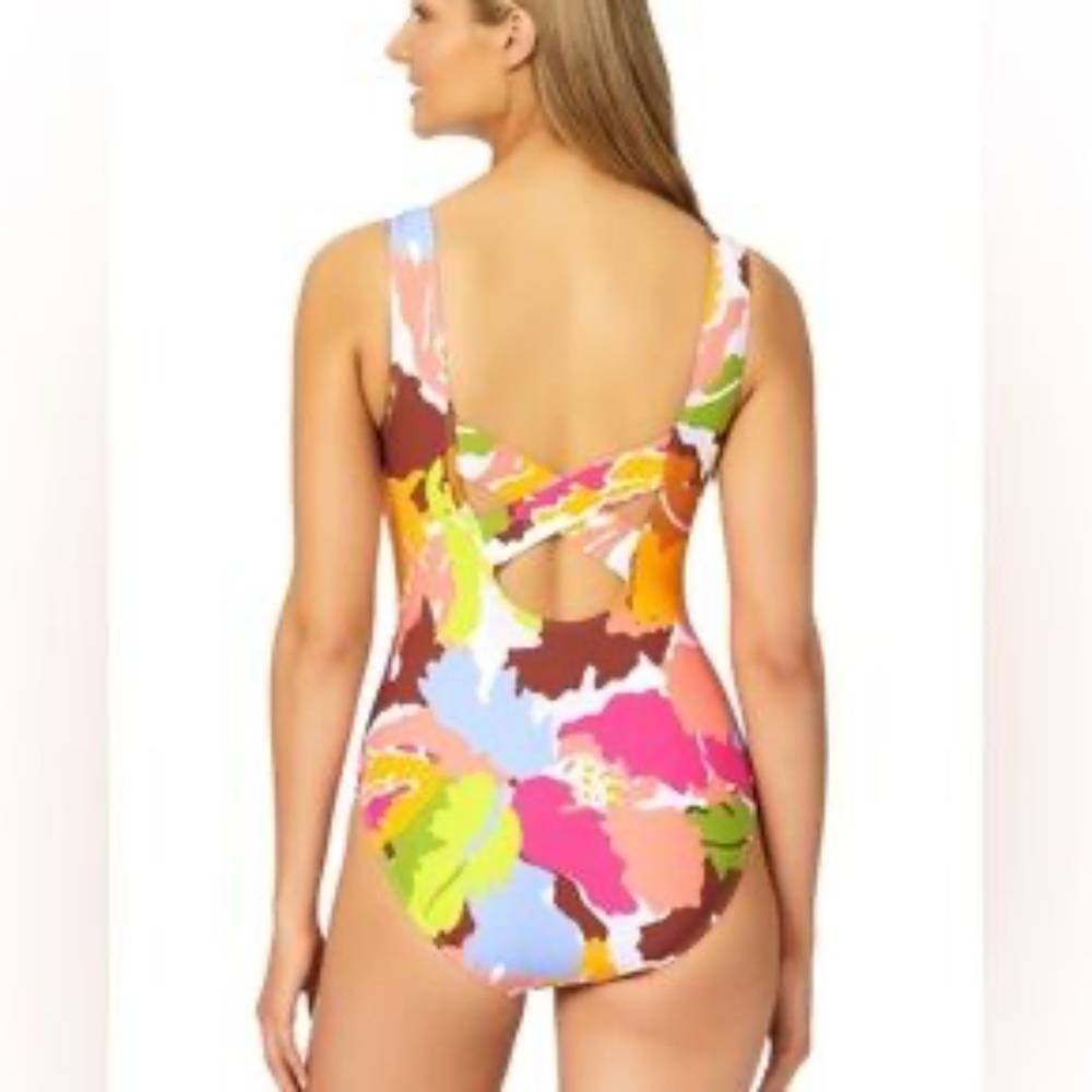 Catalina Abstract Floral Criss-Cross Back One-Piece Swimsuit – Size Medium GUC
